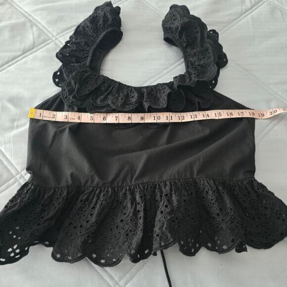 Express Black Cotton Eyelet Lace Ruffle Peplum Top L Open Back Romantic Evening - Picture 7 of 10